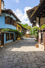 Historic houses along the street in the Architectural And Ethnographic Complex Etar - an open-air...