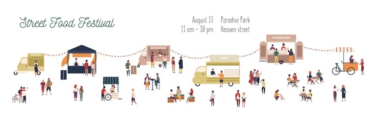 Horizontal web banner template for summer street food festival with people walking among vans and kiosks, buying homemade meals, eating and drinking. Vector illustration for event announcement.