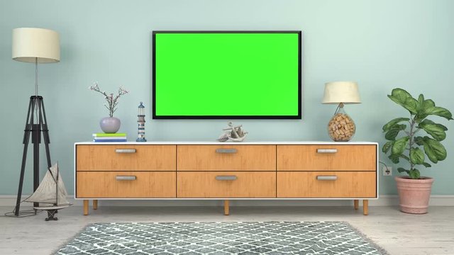 Skandinavisches, nordisches Wohnzimmer mit einem Sideboard und Flatscreen - Textfreiraum - Platzhalter