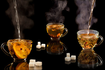 Reflection set of green tea glass cups and sugar on a black background