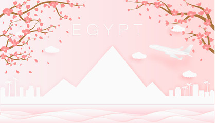 Panorama travel postcard, poster, tour advertising of world famous landmarks of Egypt, spring season with blooming flowers in tree
