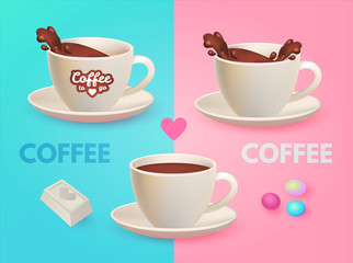 Realistic 3D Coffee Cup Set with Splash. Splashing out of a Mug. Trendy Design.