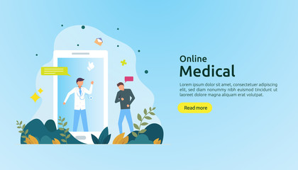 Fototapeta na wymiar Flat online medical advice or health care service. Call doctor support concept with people character. template for web landing page, banner, presentation, social, poster, ad, promotion or print media