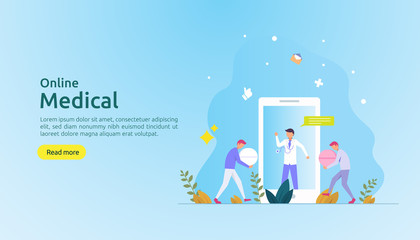 Flat online medical advice or health care service. Call doctor support concept with people character. template for web landing page, banner, presentation, social, poster, ad, promotion or print media