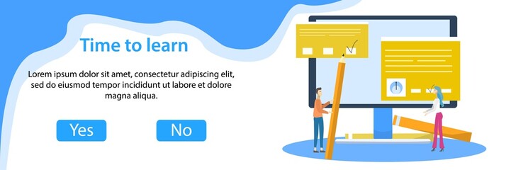 Web banner of e-learning with tiny students and big computer. Online education, courses, distance learning flat vector illustration