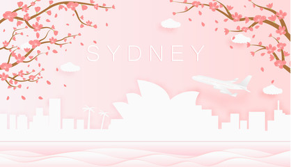 Panorama travel postcard, poster, tour advertising of world famous landmarks of Sydney, spring season with blooming flowers in tree