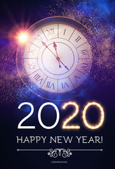 Obraz na płótnie Canvas Happy Hew 2020 Year Clock, Fileworks, Lights and Bokeh Effect.