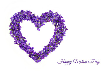 Mothers day card. Heart shape flowers. Violets love symbol isolated on white background. Template for greeting card, web design