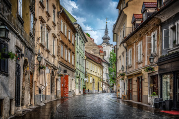 Street of the old city Ljubljana after the rain. Ljubljana capital of Slovenia.