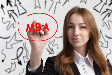 Business, technology, internet and networking concept. Young entrepreneur showing keyword: MBA