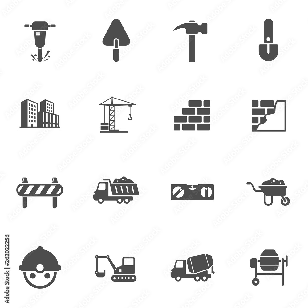Poster building construction industry vector icon set isolated on white background. construction flat icons