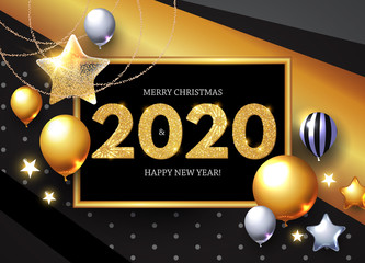 Happy New 2020 Year Shining Greeting Card with Realistic Glossy Balloons with Serpentine.