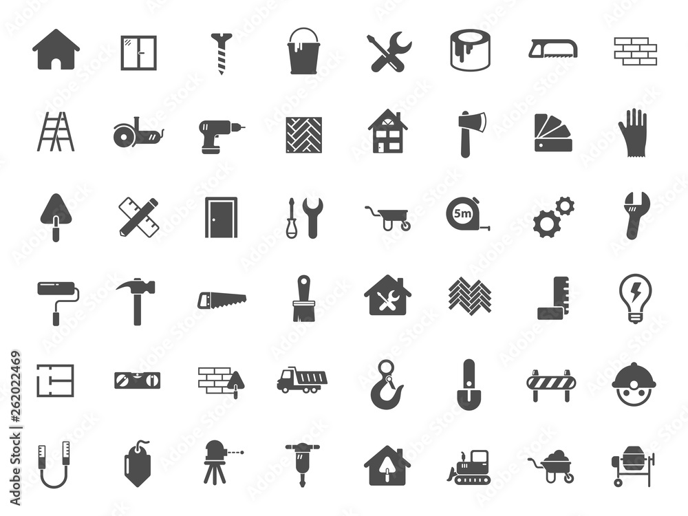 Poster building construction large vector icons set. work tools for construction and home repair web icons 