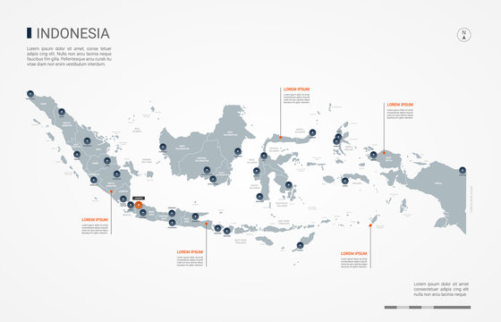 Indonesia map with borders, cities, capital and administrative divisions. Infographic vector map. Editable layers clearly labeled.