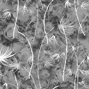 Vintage seamless watercolor pattern of plants. Herbs, flowers, dried flowers, branch, flowers watercolor. abstract splash of paint. Dried flowers, bamboo, palm leaf, poppy, rose, lavender, leaves,