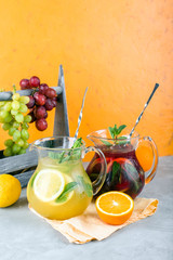 Tasty fresh Sangria, two jugs, wine drink, summer cocktail