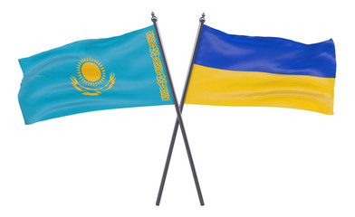 Kazakhstan and Ukraine, two crossed flags isolated on white background. 3d image