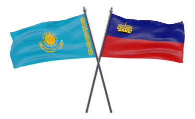 Kazakhstan and Liechtenstein, two crossed flags isolated on white background. 3d image