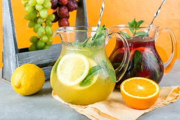 Tasty fresh Sangria, two jugs, wine drink, summer cocktail