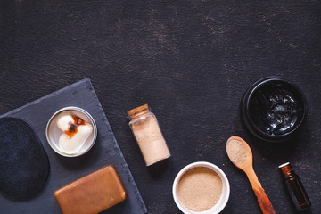 Zero waste natural cosmetics products on desk. Flat lay photo