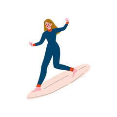 Girl Surfer in Wetsuit Riding Surfboard Catching Wave, Young Woman Enjoying Summer Vacation, Recreational Water Sport Vector Illustratio