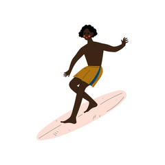 Male Surfer Riding Surfboard Catching Waves, Young African American Man Enjoying Summer Vacation on Beach, Recreational Water Sport Vector Illustration