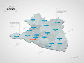 Isometric  3D Burundi map. Stylized vector map illustration with cities, borders, capital, administrative divisions and pointer marks; gradient background with grid. 