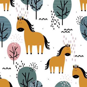 Horses and trees, hand drawn backdrop. Colorful seamless pattern with animals. Decorative cute wallpaper, good for printing. Overlapping background vector. Design illustration