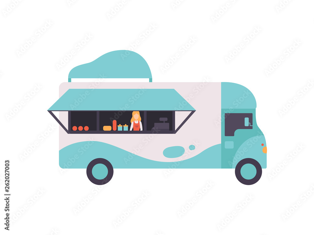 Wall mural Van Bus Shop with Fast Food and Seller, Food Transport for Street Market Vector Illustration