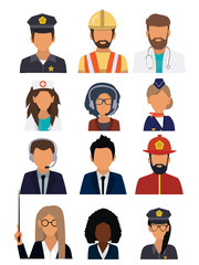 Male and female faces avatars. User icon. People of different professions set avatar icons on the white background. Team icons collection. Vector illustration of flat design people characters