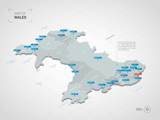 Isometric  3D Wales map. Stylized vector map illustration with cities, borders, capital, administrative divisions and pointer marks; gradient background with grid. 