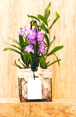 beautiful artificial purple flowers vase with empty tag on  cube