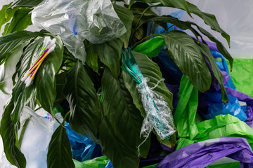 Threaten green plant attacked with harmful plastic products