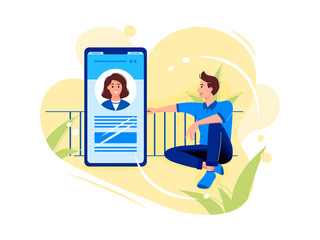 Social networks, chatting, dating app. Young man are sitting near big smartphone and talking to woman in the phone. Flat vector concept illustration isolated on white.