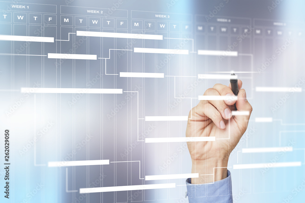 Aufkleber project management chart on virtual screen. schedule. timeline.