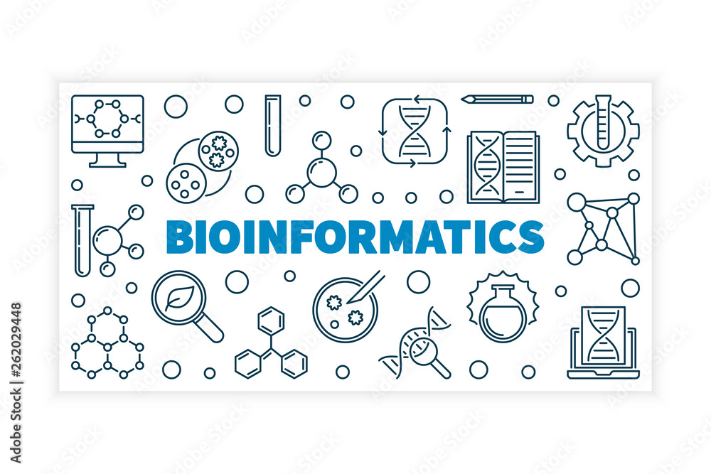 Poster bioinformatics vector concept illustration or banner in thin line style on white background