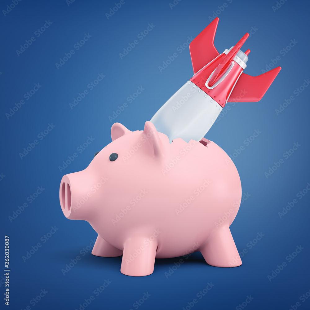 Poster 3d rendering of a retro space rocket which landed on a piggy bank and broke it.