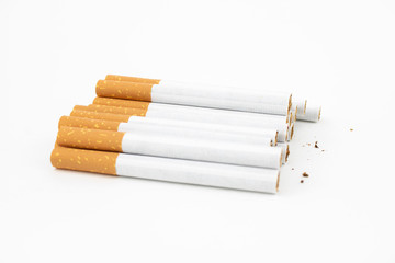 Several cigars on white background. Filtered cigarettes. Tobacco.