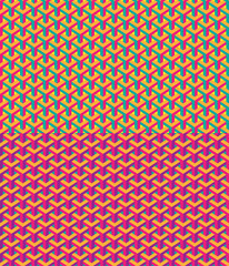 Seamless abstract geometric patterns, saturated colors. Optical illusion. Swatches included in EPS file.