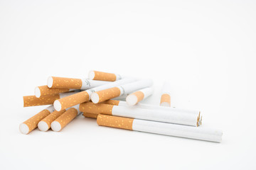 Several cigars on white background. Filtered cigarettes. Tobacco.