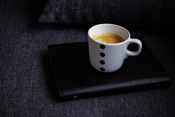 The ceramic coffee cup put on the leather book,on sofa,at living room
