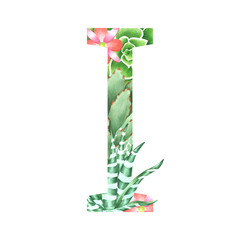 Watercolor botanical drop cap letter I in retro style with succulents, flowers, kalanchoe and sweetheart. Vintage alphabet organic textured symbol in green and pink colors isolated on white background