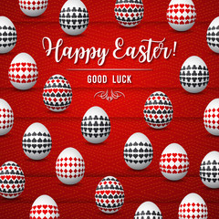 Easter greetings card with red and black gambling symbols over white eggs, vector illustration.Suitable for invitations, greeting cards, flyers, banners.