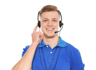 Portrait of technical support operator with headset isolated on white