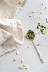 Traditional italian pesto sauce with pine nuts. Top view