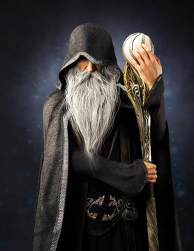 Evil Warlock old hooded wizard posing with staff on a blue gradient background. 3d rendering