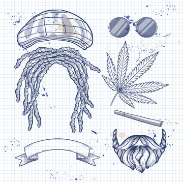 Hand drawn sketch, attributes of rastaman with dreadlocks on a notebook page
