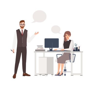 Colleagues or employees talking to each other. Male and female office workers or clerks standing and sitting in chair at desk with computer taking part in dialog. Flat cartoon vector illustration.