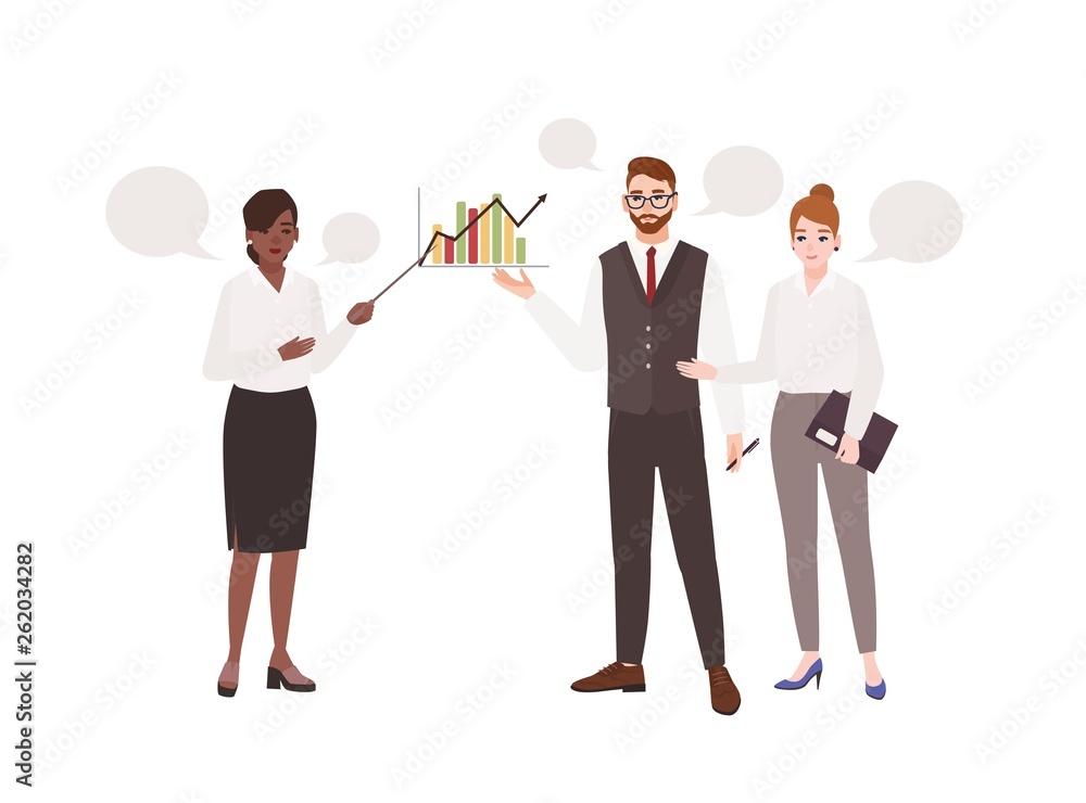 Poster Female office worker making presentation in front of colleagues and talking to them. Work meeting. Managers taking part in professional conversation or dialog. Flat cartoon vector illustration.