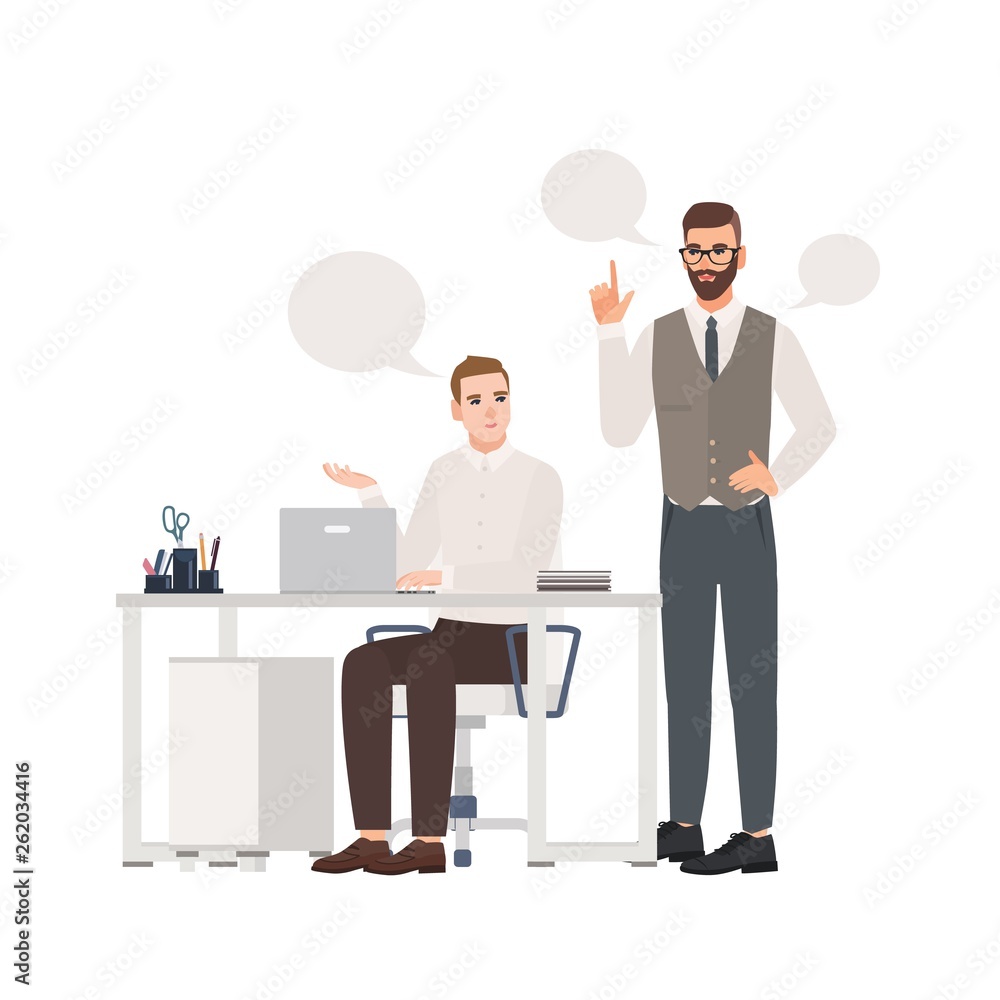 Poster boss instructing subordinate at workplace. male office workers dressed in smart clothes talking to e